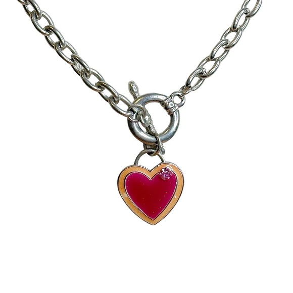 Vintage Y2K Bimbocore Pink Heart Rhinestone Toggle Closure Chain Necklace - Picture 4 of 6